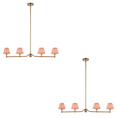 Stylish 2 Pack of Coral Pink Ceiling Pendant Lights in Aged Brass Finish