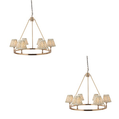 Stylish 2 Pack of Hanging Pendant Lights in Aged Brass and Herb Garden Green Fabric