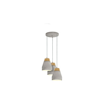Stylish 3 Bulb Pendant Ceiling Light in Brown Wood and Grey Concrete