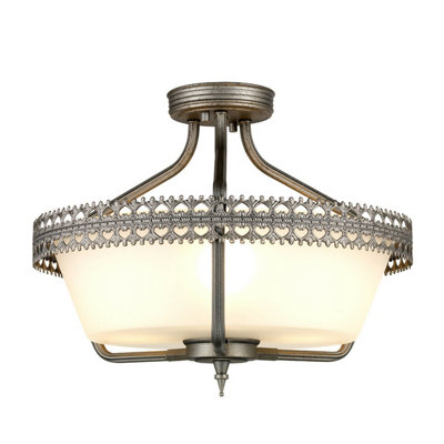 Stylish 3 Bulb Semi Flush Light with Grey Hand Painted Finish and White Glass Shade