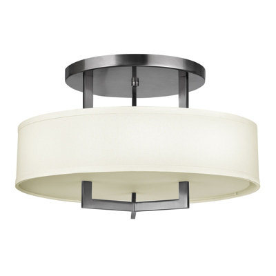 Stylish 3 Bulb Semi Flush Light with Off White Linen Shade and Antique Nickel Finish