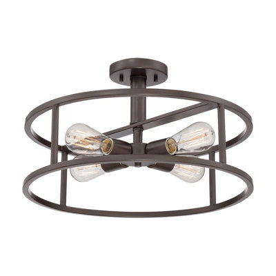 Stylish 4 Bulb Semi Flush Light Fixture with Black Metal Cage and Western Bronze Finish
