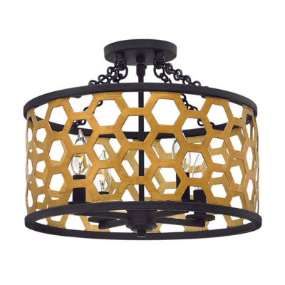 Stylish 4 Bulb Semi Flush Light with Hexagonal Design in Sunset Gold and Black