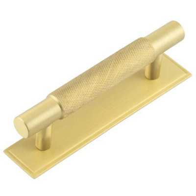Stylish 96mm Satin Brass Cabinet Handle with Stepped Backplate Kitchen Drawer - Pull Handle