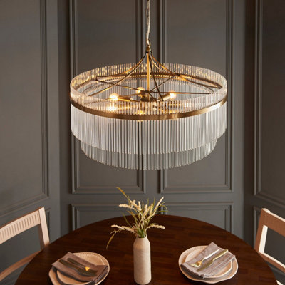 Stylish Antique Brass Hanging Pendant Light with Clear Glass Rods