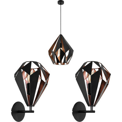 Stylish Black and Copper Geometric Ceiling Pendant with Matching Wall Lights