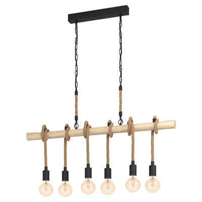 Stylish Black and Wood Hanging Ceiling Pendant Light with Rope for Kitchen Island