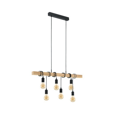 Stylish Black and Wood Hanging Pendant Light for Kitchen Island with 6 E27 Bulbs