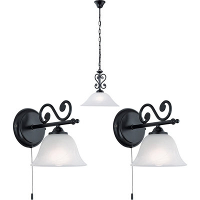 Stylish Black Ceiling Pendant Light with Matching Wall Fixtures and Alabaster Glass Shades