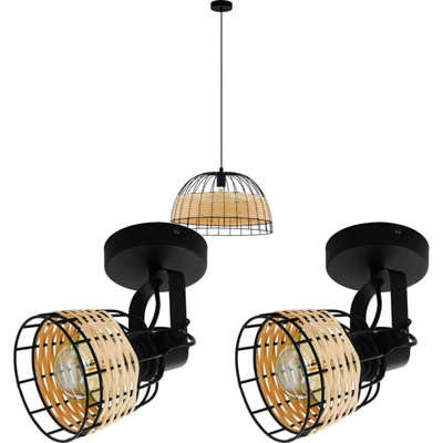 Stylish Black Ceiling Pendant Light with Matching Wall Sconces in Wicker Wood Design