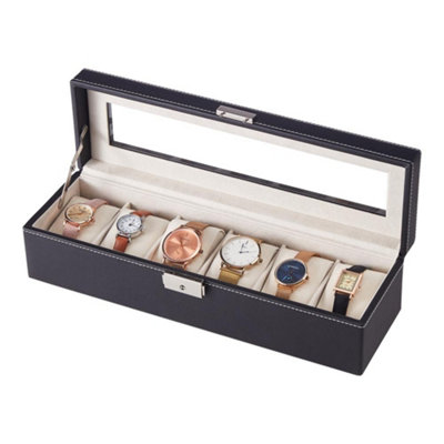 Stylish Black Faux Leather 6 Slot Watch Box Jewellery Organizer with Transparent Lid and Velvet Lining