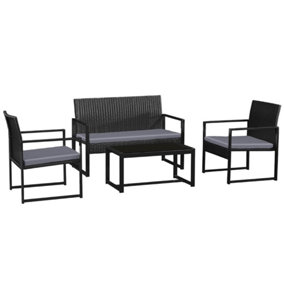 Stylish Black Frame Rattan Garden Furniture Set 4Piece Outdoor Furniture with Double Chair, 2 Single Chairs, Glass Coffee Table