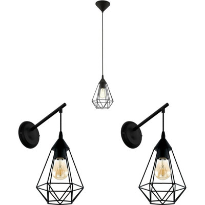 Stylish Black Geometric Ceiling Pendant Light with 2 Matching Wall Lamps