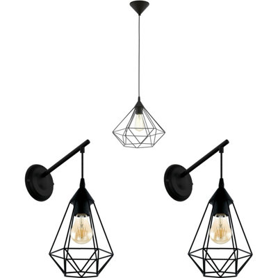 Stylish Black Geometric Pendant Light with 2 Matching Wall Fixtures