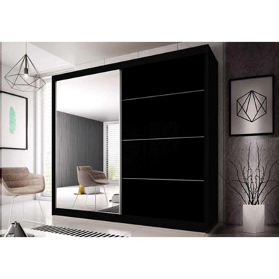 Stylish Black Gloss Front & Black Matt Carcass Wardrobe W183cm H218cm D61cm with Designer Sliding Doors