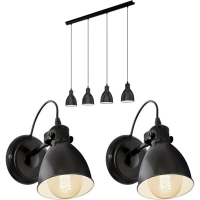 Stylish Black Industrial Quad Ceiling Light with 2 Matching Wall Sconces