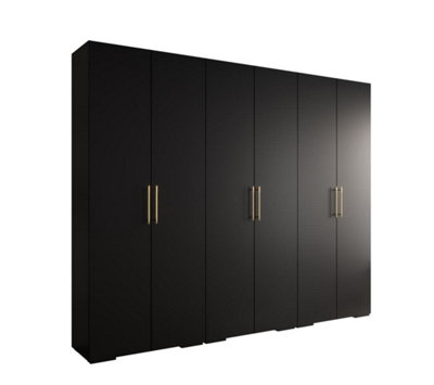 Stylish Black Inova 3 Hinged Door Wardrobe W3000mm H2370mm D470mm - Premium Storage with Gold Vertical Handles