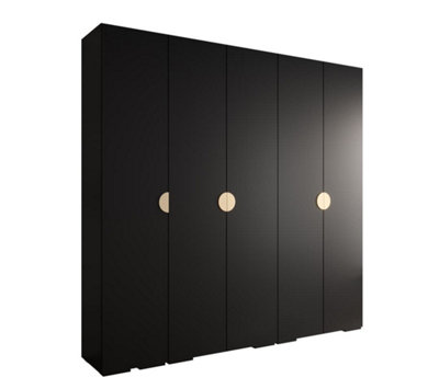 Stylish Black Inova 4 Hinged Door Wardrobe W2500mm H2370mm D470mm - Modern Storage with Gold Round Handles