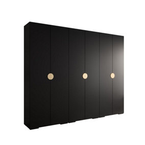 Stylish Black Inova 4 Hinged Door Wardrobe W2500mm H2370mm D470mm - Modern Storage with Gold Round Handles