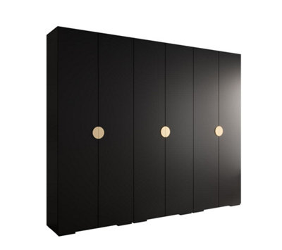 Stylish Black Inova 4 Hinged Door Wardrobe W3000mm H2370mm D470mm - Modern Storage with Gold Round Handles