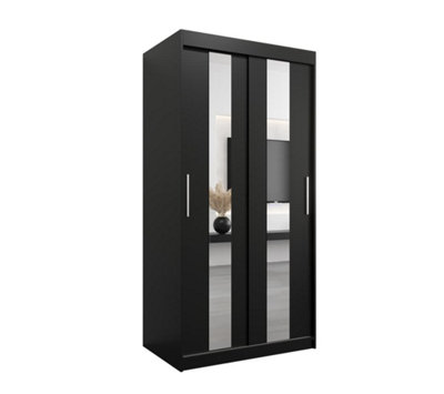 Stylish Black Pole Sliding Door Wardrobe W1000mm H2000mm D620mm - Mirrored Storage with Silver Handles