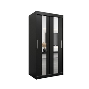 Stylish Black Pole Sliding Door Wardrobe W1000mm H2000mm D620mm - Mirrored Storage with Silver Handles