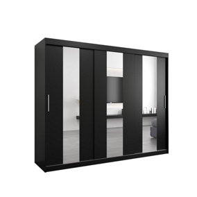 Stylish Black Pole Sliding Door Wardrobe W2500mm H2000mm D620mm - Mirrored Storage with Silver Handles