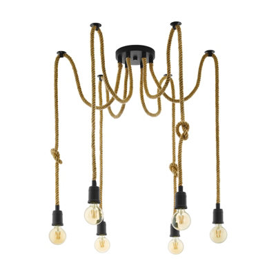 Stylish Black & Rope Hanging Pendant Light with Adjustable 6-Bulb E27 Spider Design