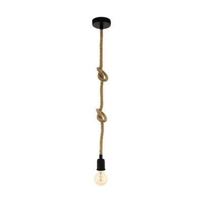 Stylish Black & Rope Hanging Pendant Light with E27 Socket for Rustic Hallways