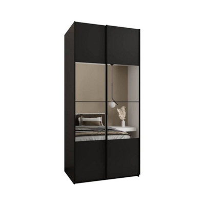 Stylish Black Trosa IV Sliding Door Wardrobe H2450mm W1100mm D640mm Mirrored Doors, Six Shelves, Hanging Rail, Steel Handles