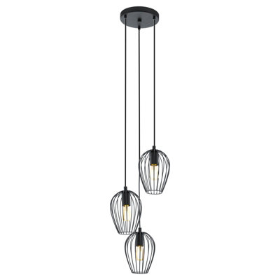 Stylish Black Wire Cage Hanging Pendant Light for Hallway - 3 Bulb E27 Fixture