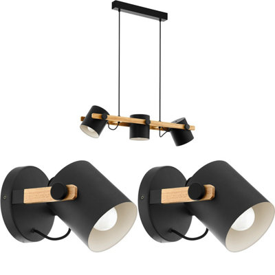 Stylish Black Wood Adjustable Ceiling Pendant Light with Matching Wall Sconces