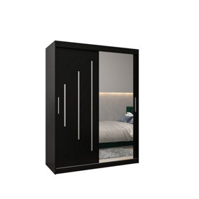 Stylish Black York II Sliding Door Wardrobe W1500mm H2000mm D620mm - Mirrored Storage with Silver Handles