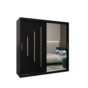 Stylish Black York II Sliding Door Wardrobe W2000mm H2000mm D620mm - Mirrored Storage with Silver Handles