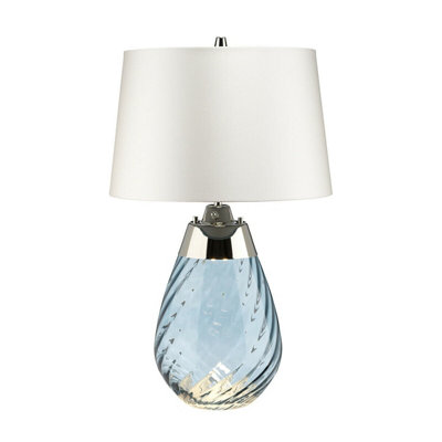 Stylish Blue Tinted Glass Table Lamp with Off-White Shade and LED Bulb