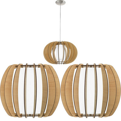 Stylish Ceiling Pendant Light with Matching Maple Wood Wall Sconces and White Glass Shades