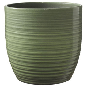 Stylish Ceramic Grooved, Leaf Green Glaze, Indoor Plant Pot. No Drainage Holes. H13 x W14 cm