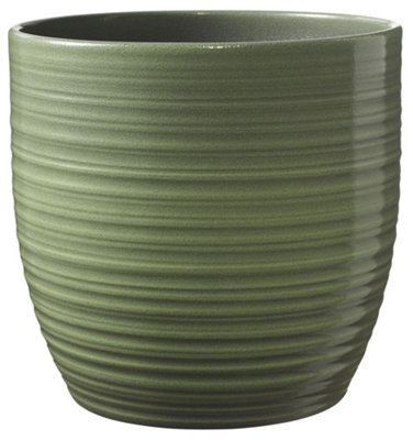 Stylish Ceramic Grooved, Leaf Green Glaze, Indoor Plant Pot. No Drainage Holes. H15 x W16 cm