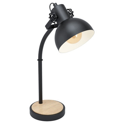 Stylish Curved Table Lamp with Black Steel Shade and Wooden Base