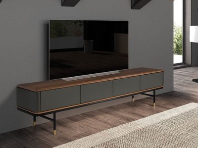 Stylish Dark Grey TV Stand with Walnut Top and Steel Legs