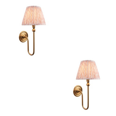 Stylish Dimmable Wall Lights - 2 Pack in Brushed Brass with Peachy Shades