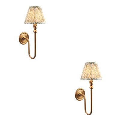 Stylish Dimmable Wall Lights Set of 2 in Brushed Aged Brass with Herb Green Shades