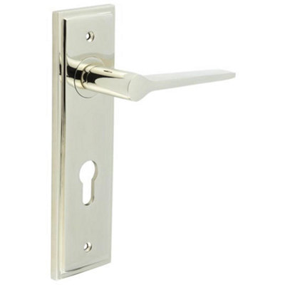 Stylish Euro Backplate Door Handle in Polished Nickel - Solid Brass Interior Handle