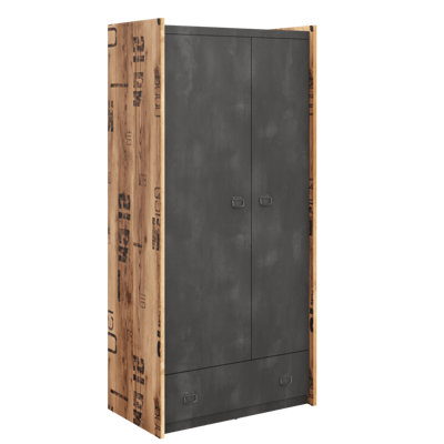 Stylish Fargo Hinged Wardrobe with Shelves and Drawer in Raw Steel & Canyon Alpine Spruce (W900m x H1910mm x D520mm)