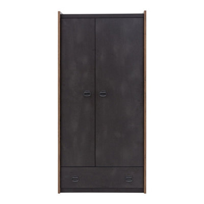 Stylish Fargo Hinged Wardrobe with Shelves and Drawer in Raw Steel & Canyon Alpine Spruce (W900m x H1910mm x D520mm)