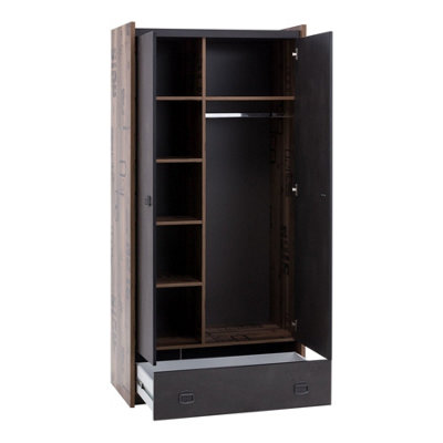 Stylish Fargo Hinged Wardrobe with Shelves and Drawer in Raw Steel & Canyon Alpine Spruce (W900m x H1910mm x D520mm)