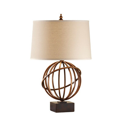 Stylish Firenze Gold Table Lamp with Dark Tan Linen Shade and Tilted Orb Base