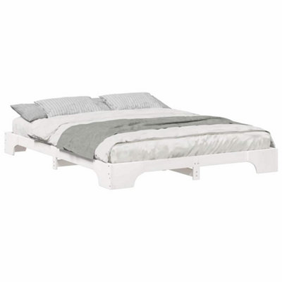 Stylish Floor Bed Frame with Storage White Solid pine wood