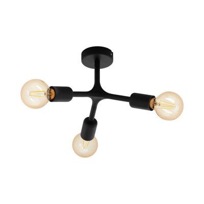 Stylish Flush Mount 3-Bulb Ceiling Light with Black Arms and E27 Lamp Holders
