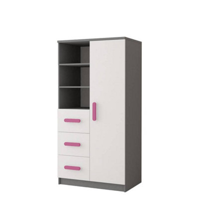 Stylish Grey and White Sideboard H1600mm W800mm D400mm - Pink Handles for Playful Spaces